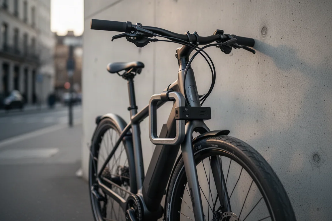 Lucchetto per bici di dimensioni maggiorate montato sul telaio di una e-bike in una strada cittadina