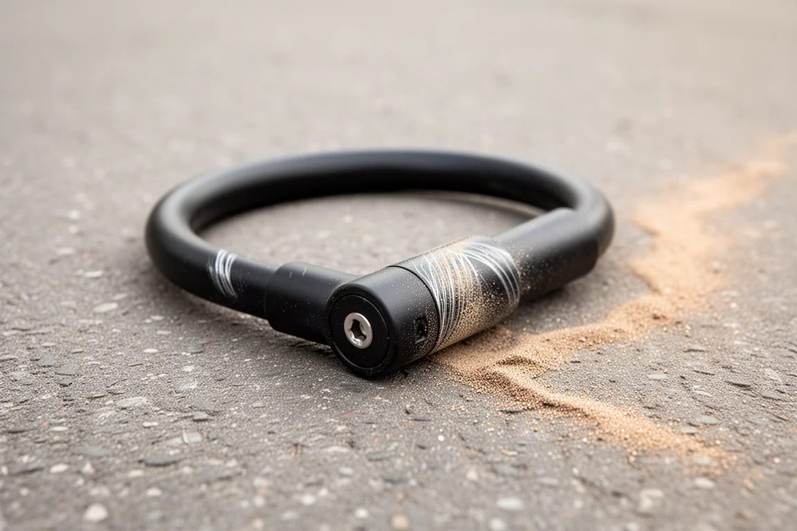 Lucchetto per bici steso sull'asfalto con evidenti segni di taglio e abrasione