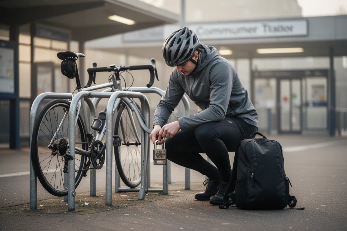 Ciclista che assicura una bici a un rastrello fuori da una stazione nella luce del primo mattino