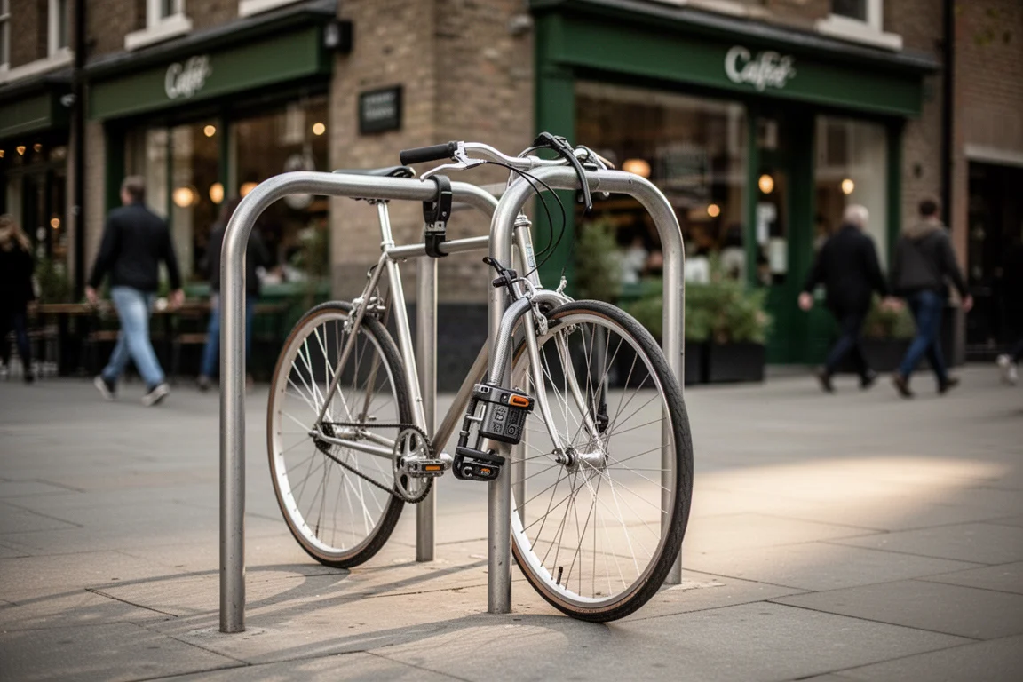 Fiets vastgemaakt aan een stalen rek voor een café in de stad in het late middaglicht
