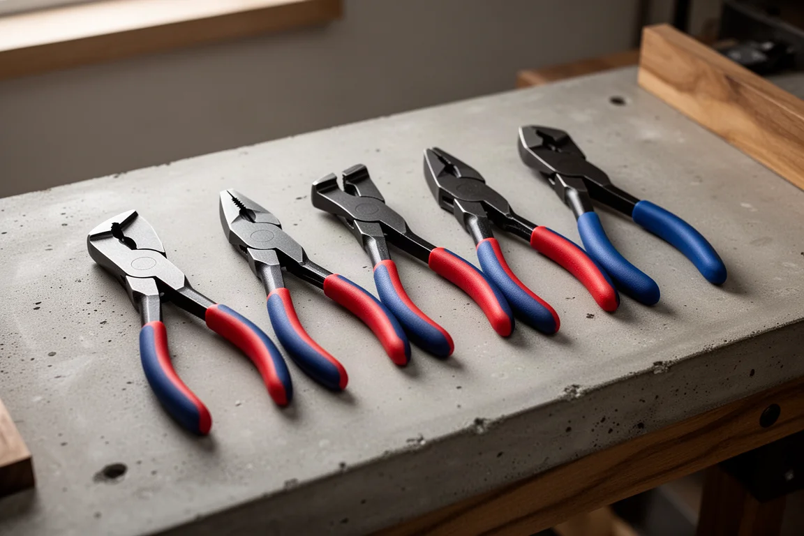 Five angled head pliers with bent handles arranged in a row on a concrete workbench