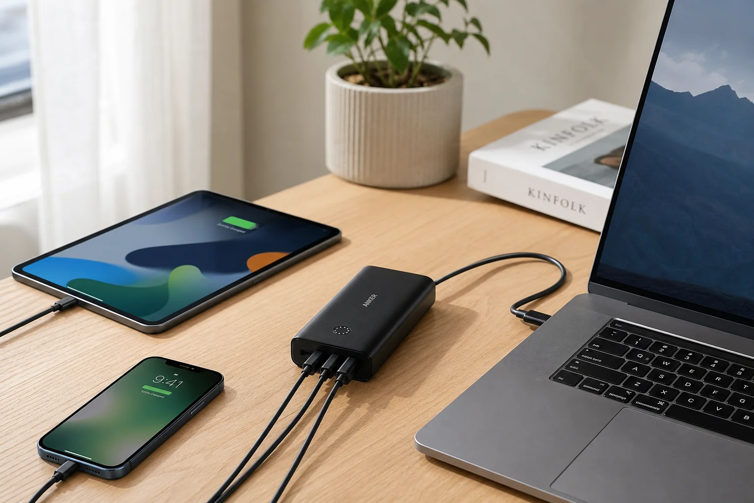 Workspace with power bank charging multiple devices on desk