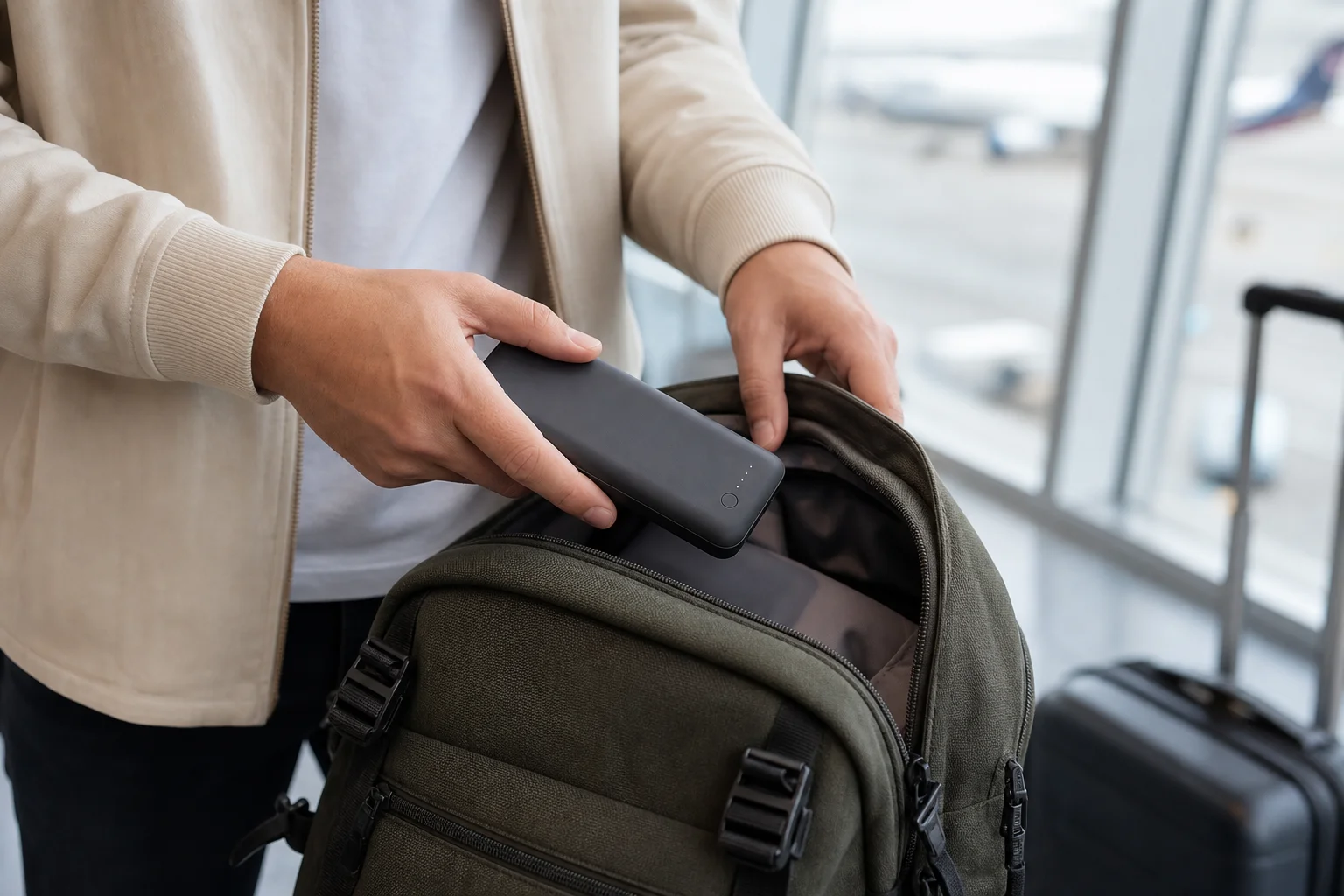 Traveler packing a power bank into a carry-on bag