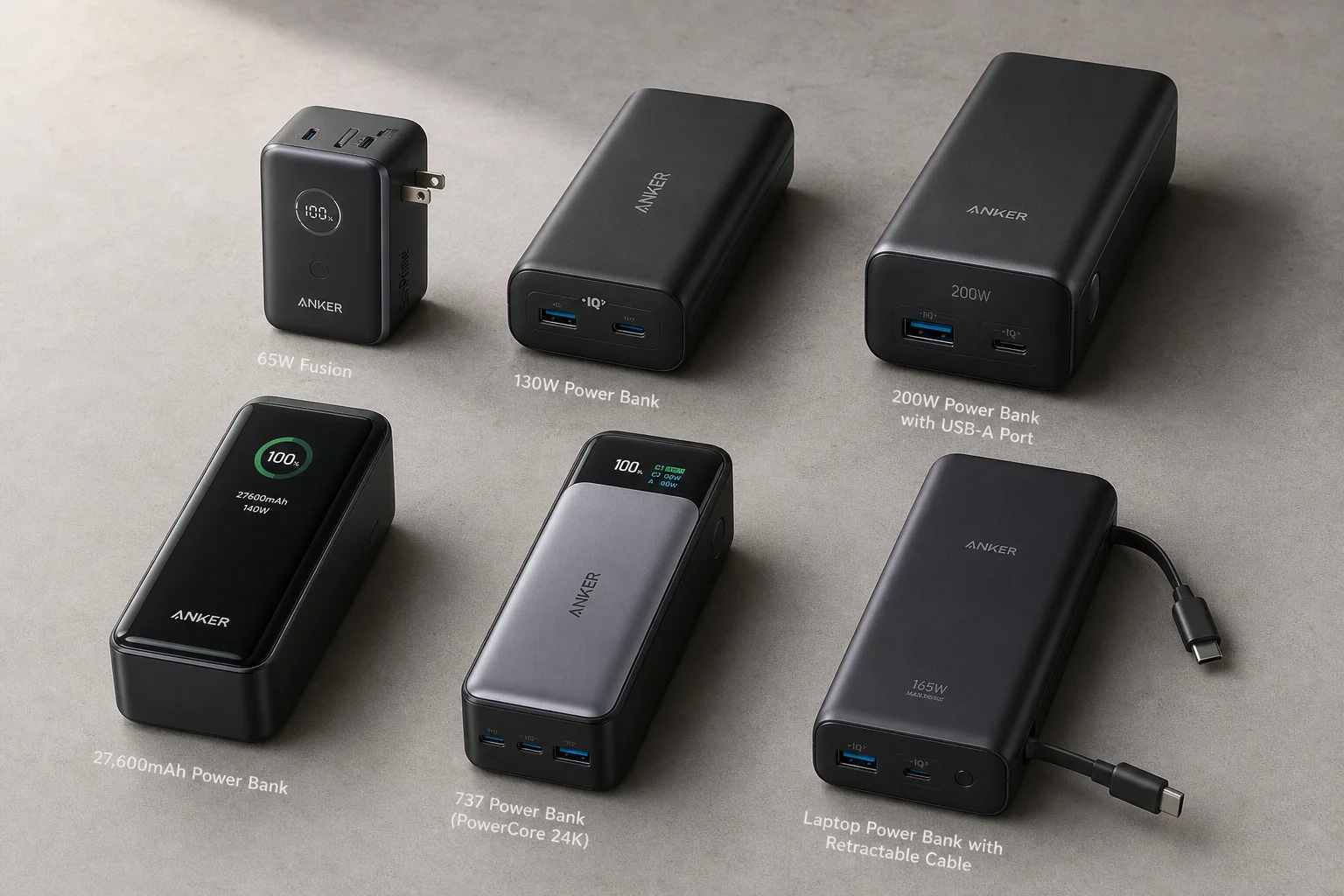 Sex Anker powerbanks uppställda på en betongyta som visar skillnader i storlek och design