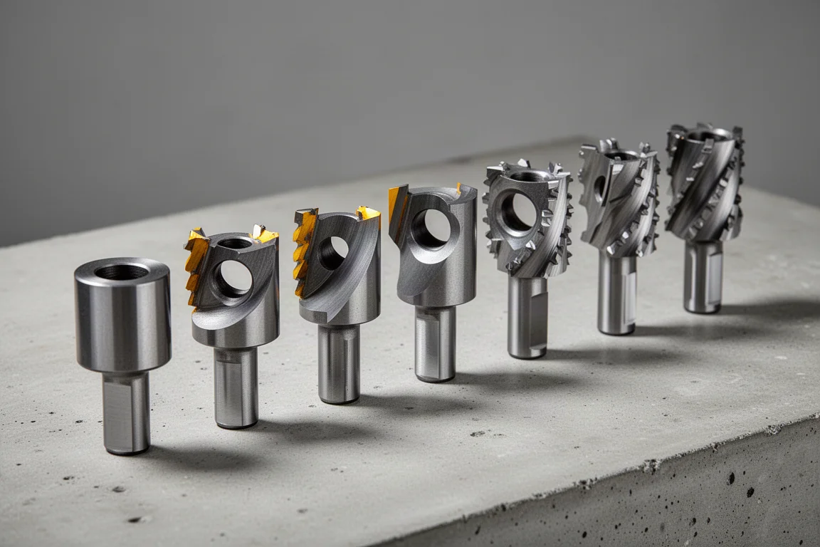 Row of annular cutter bits with carbide and high-speed steel teeth on a concrete surface