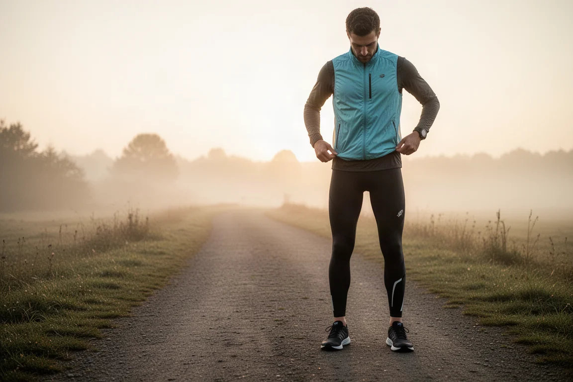 Läufer richtet seine Laufhose, bevor er zu einem Morgenlauf aufbricht