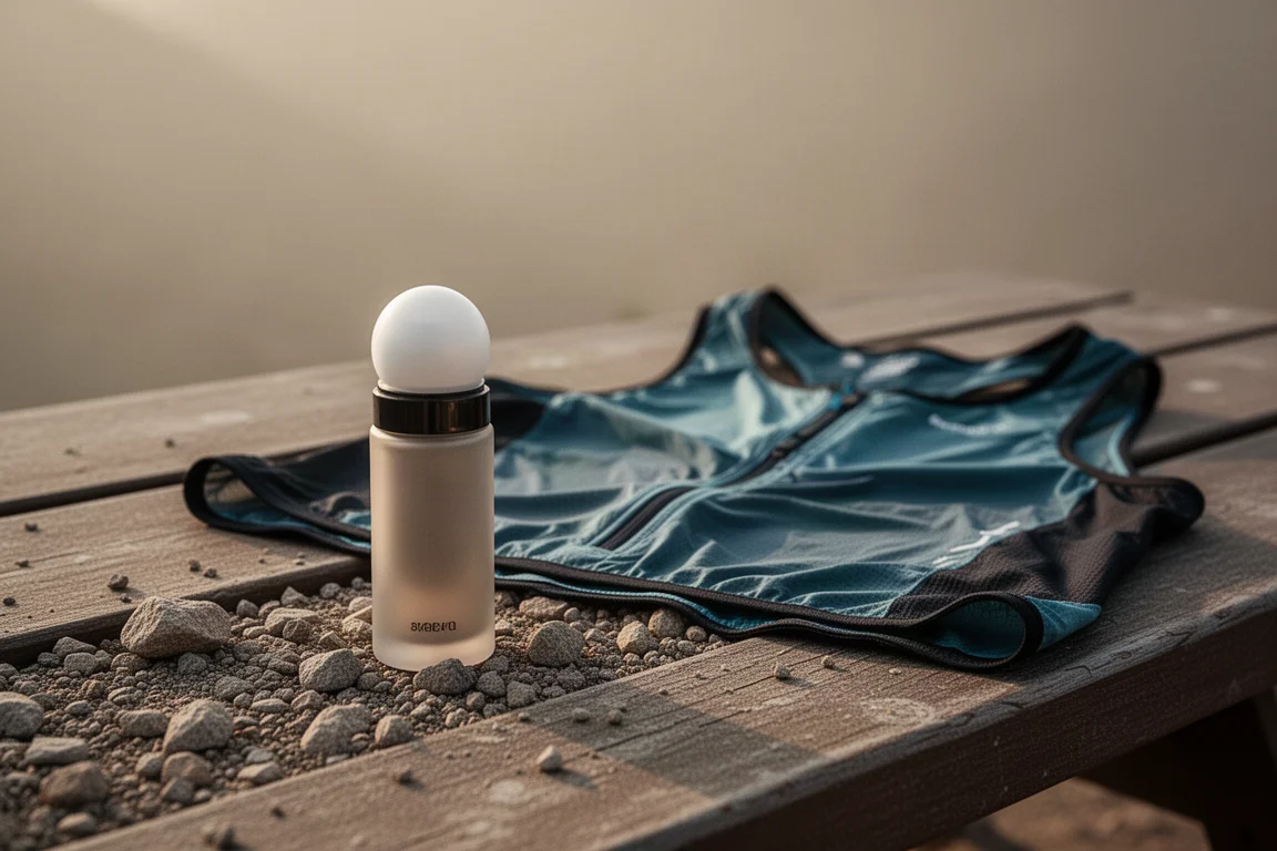 Roll-on-Flasche neben einer Laufweste auf einer Schotterfläche