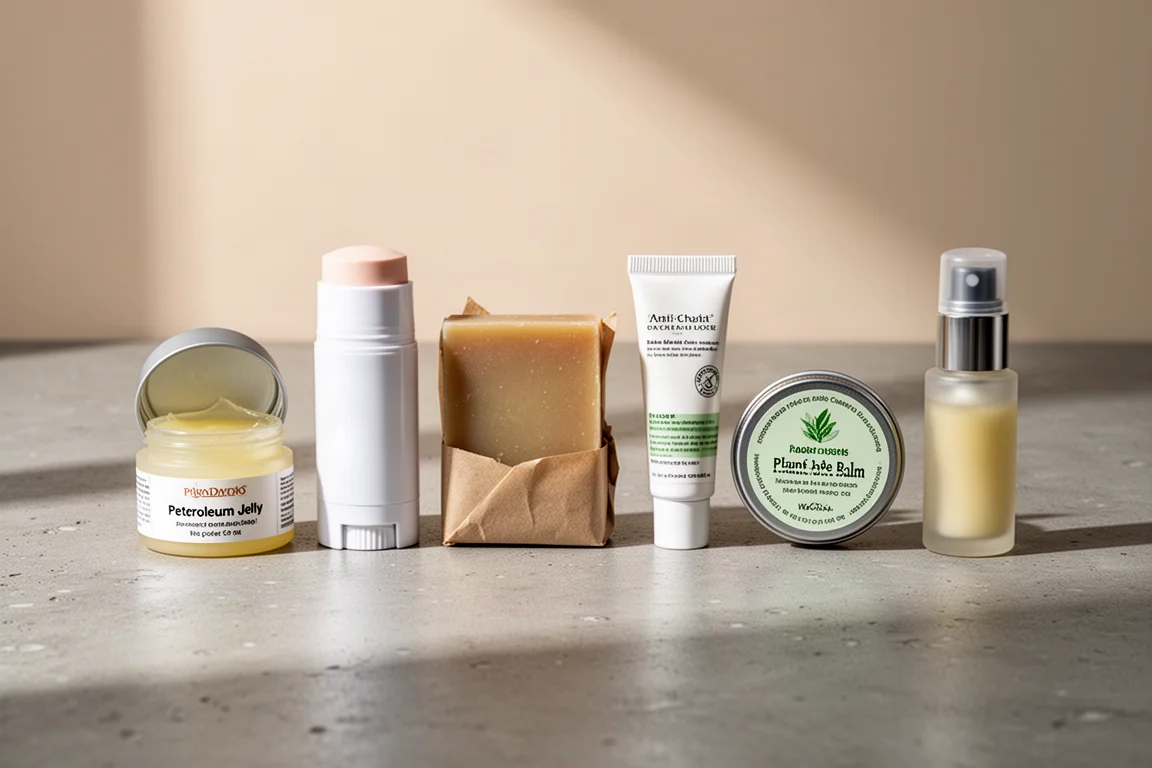 Six anti-chafe products including a tub, stick, balm block, cream tube, tin, and roll-on lined up on concrete