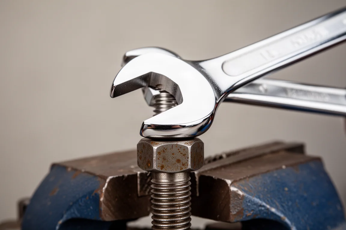 Close-up of a wrench open end gripping a slightly worn hex bolt head on a workbench