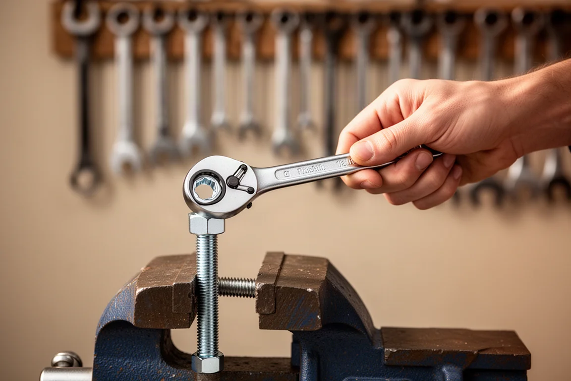 Ratcheting combination wrench being used to thread a nut onto a bolt