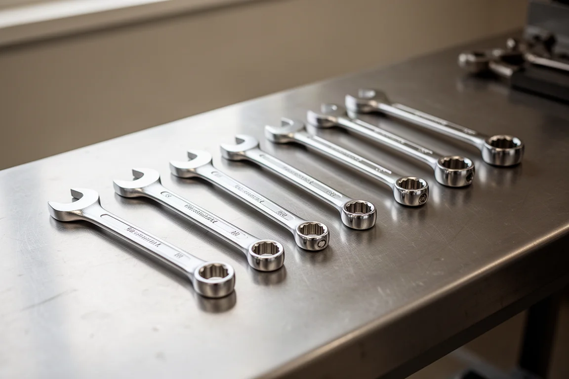 Polished chrome combination wrench set laid out on a workbench in soft light