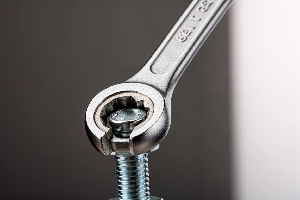 Six-point wrench box end seated on a bolt head under strong torque