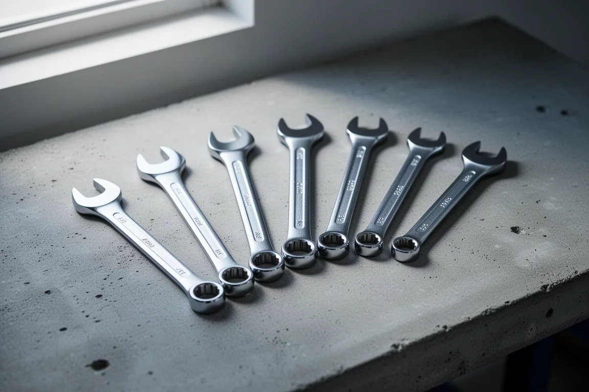 Seven polished combination wrenches arranged in an arc on a grey workbench