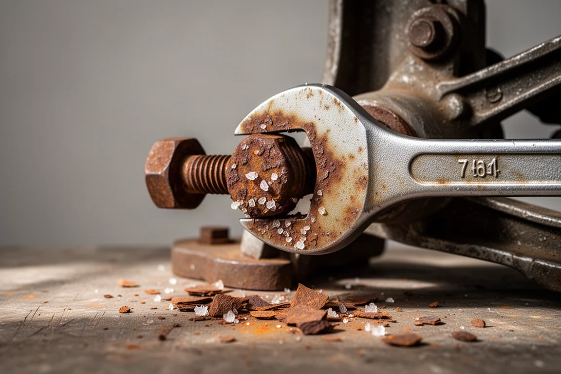 Llave agarrando un perno fuertemente oxidado en un ensamblaje mecánico antiguo