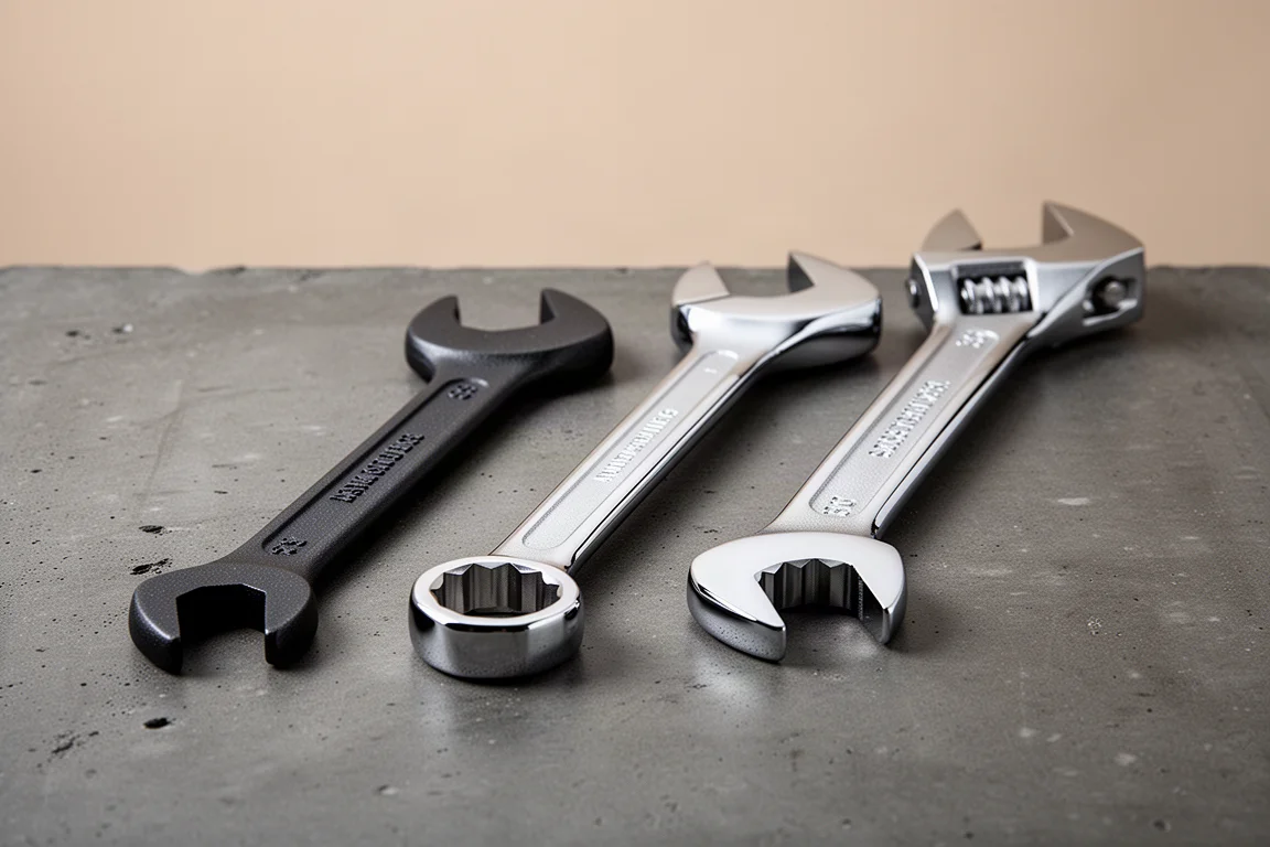 Three anti-slip wrenches arranged side by side on a dark concrete surface