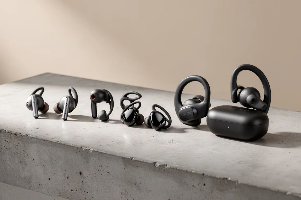 Six pairs of wireless earbuds lined up on a concrete surface