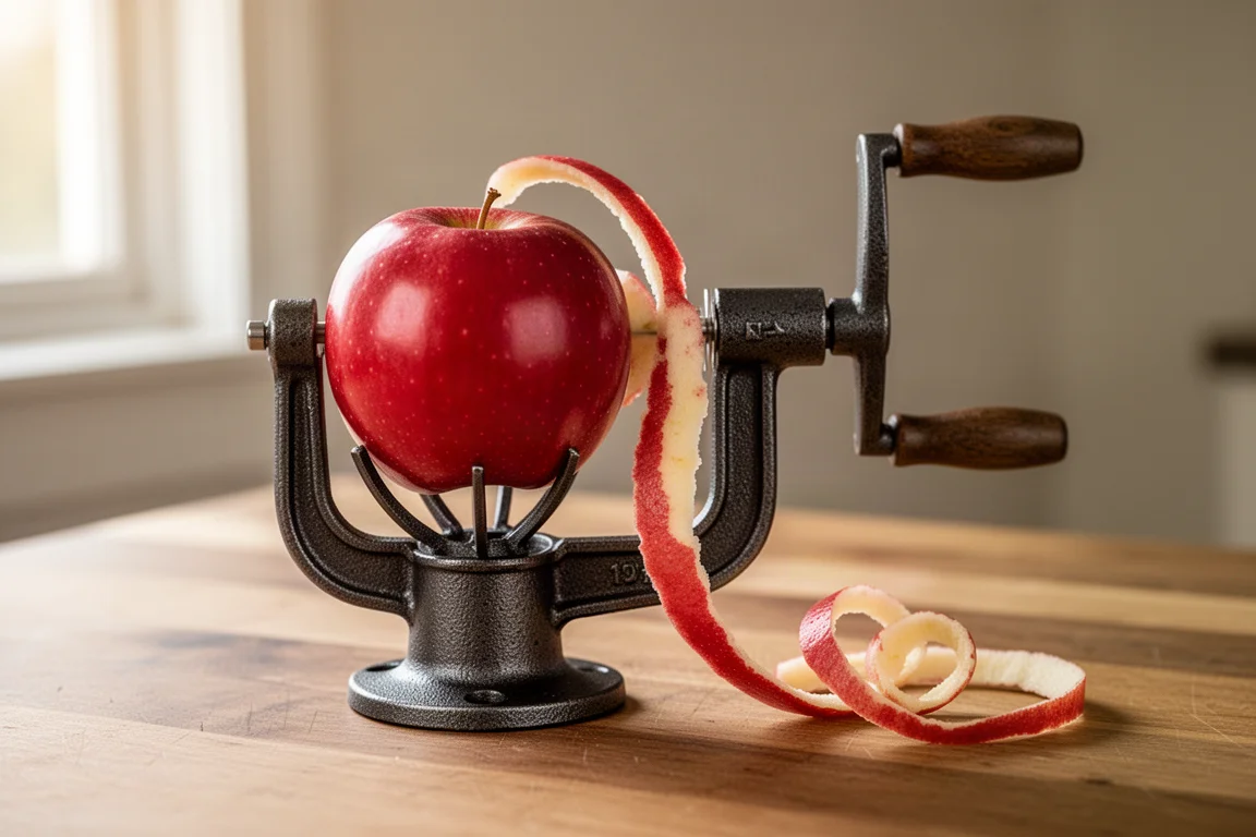 Crank apple peeler removing a long unbroken peel from a fresh apple