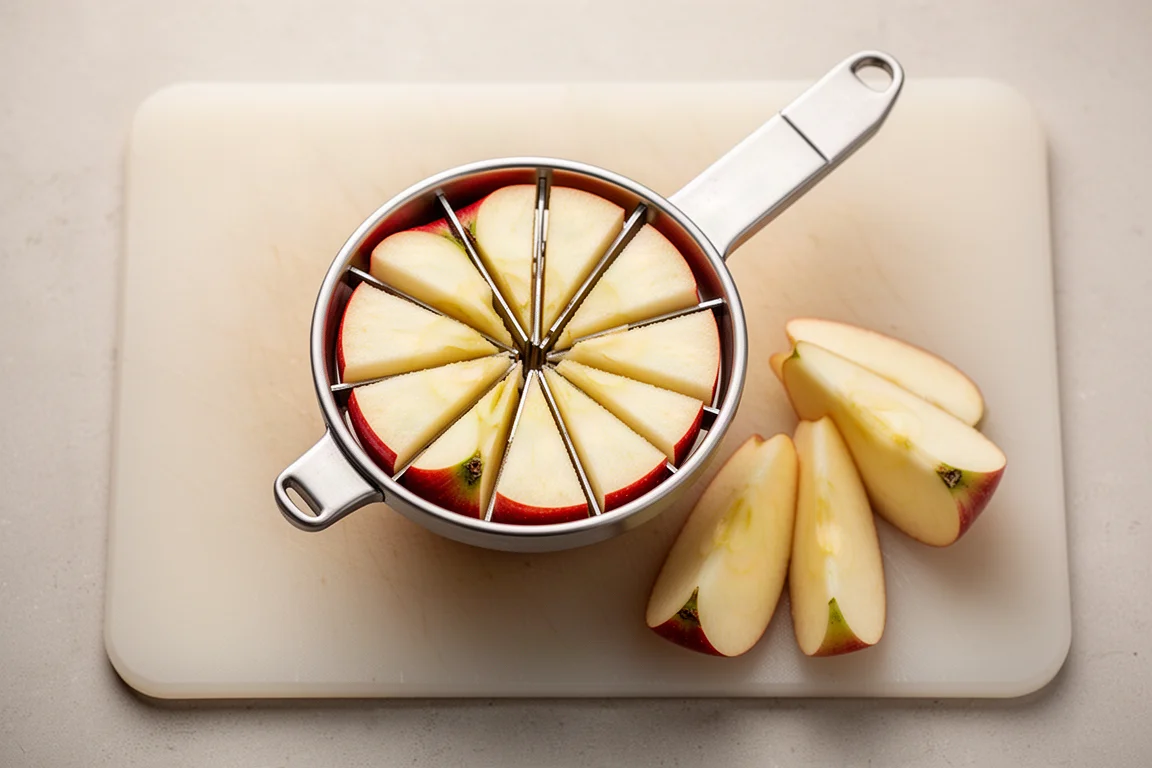 Wagon-wheel apple slicer pressed into an apple producing even wedges