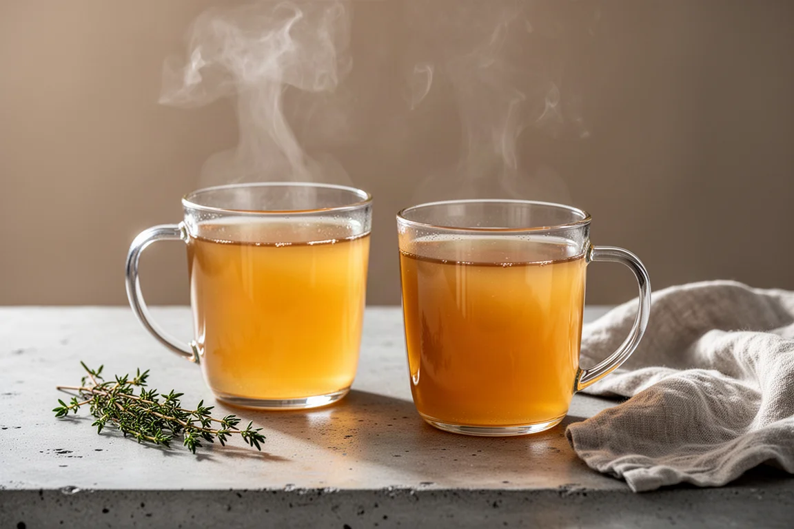 Two glass mugs of golden bone broth on a kitchen counter, steam rising