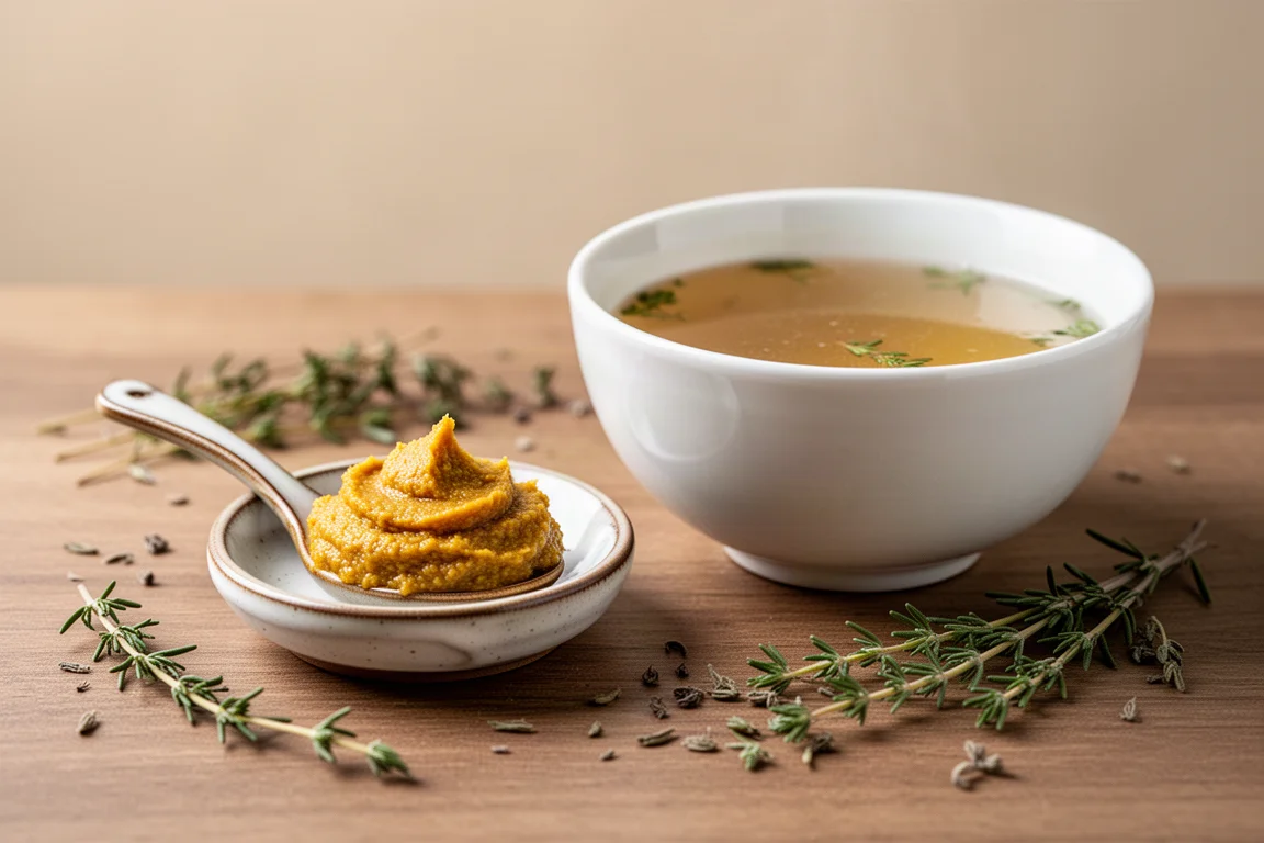 Spoonful of concentrated chicken base paste beside a bowl of finished broth