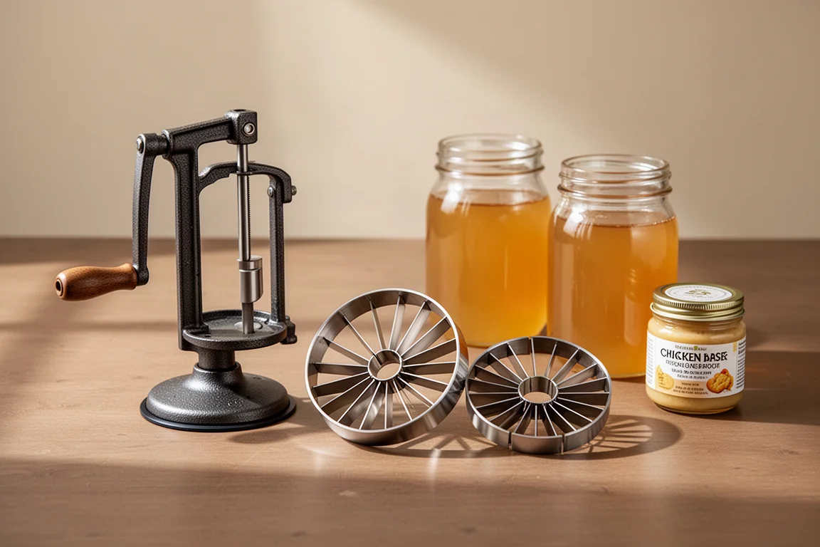 Apple peeler, apple slicers, jars of bone broth and chicken base on a wooden counter