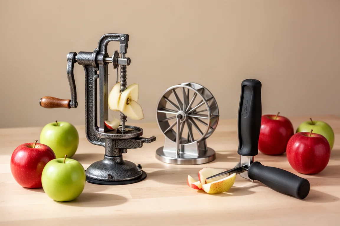 Crank apple peeler and two apple wedgers on a wooden counter with fresh apples