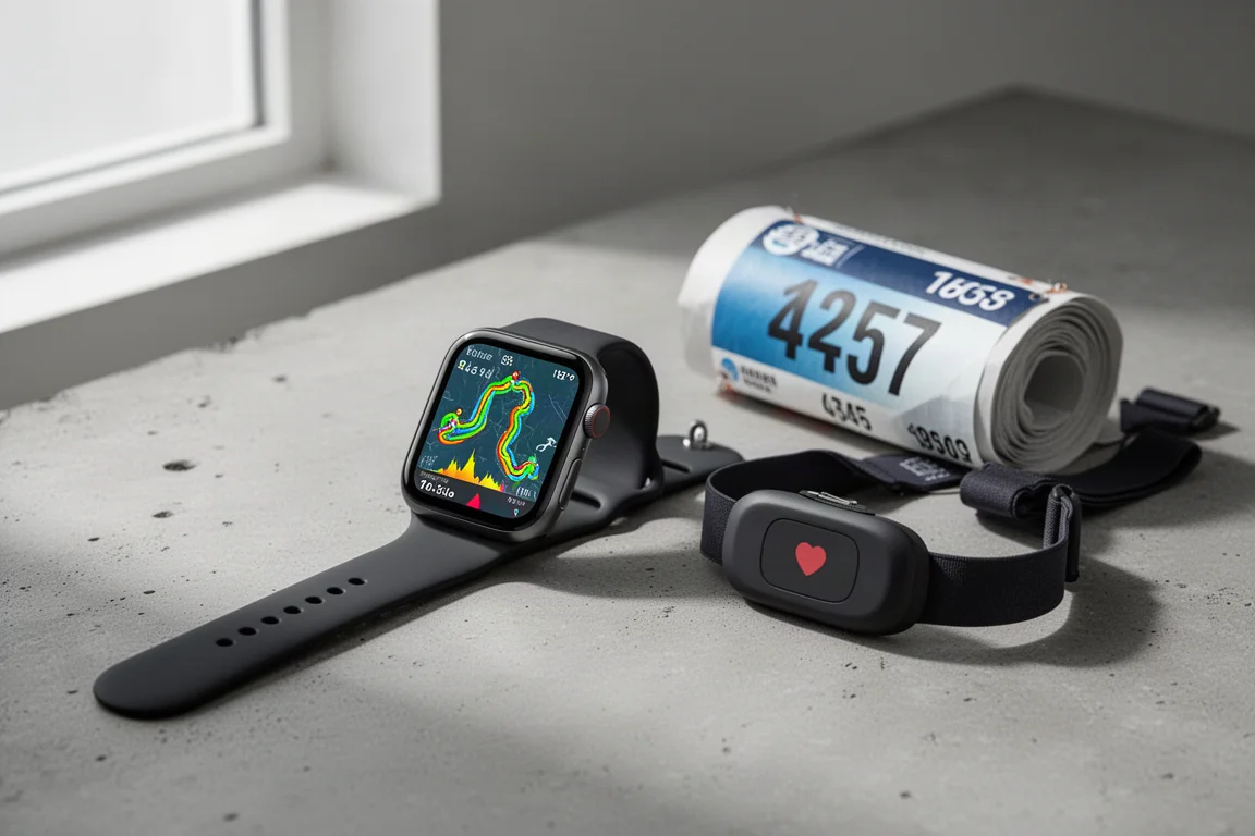 Smartwatch with running route map beside a race bib and heart rate strap