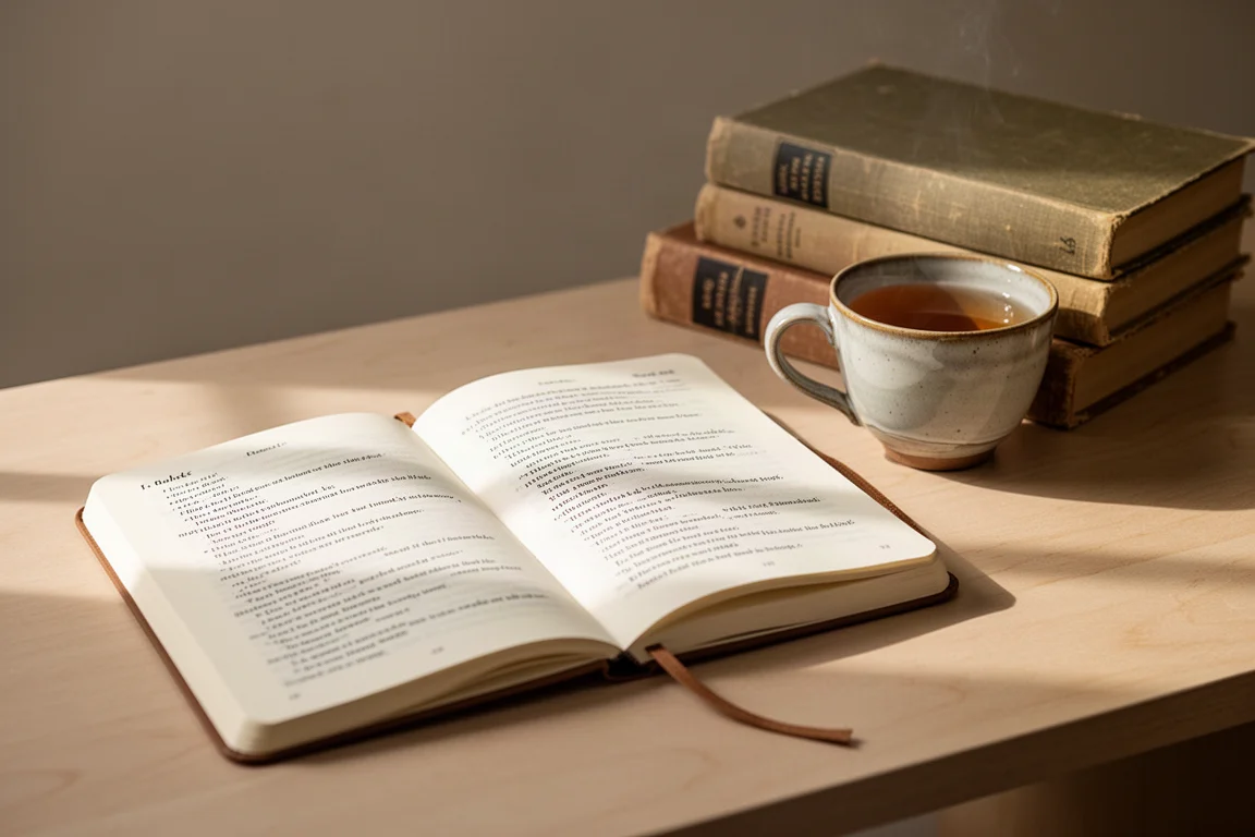 Offenes Lesejournal auf einem Schreibtisch neben einem Stapel Bücher und einer Tasse Tee