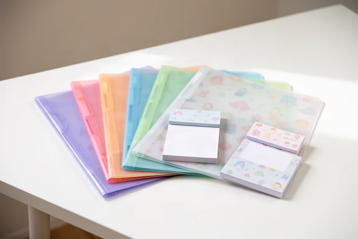 Farbenfrohe KlarFolders und Memo-Pads auf einem hellen Arbeitsplatz arrangiert