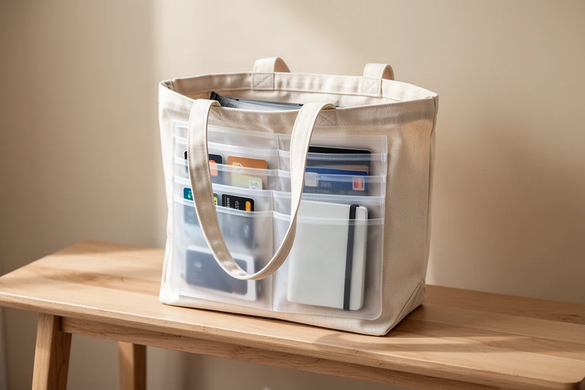 Geöffnete Tasche mit einem durchscheinenden Organizer mit Klartaschen im Inneren