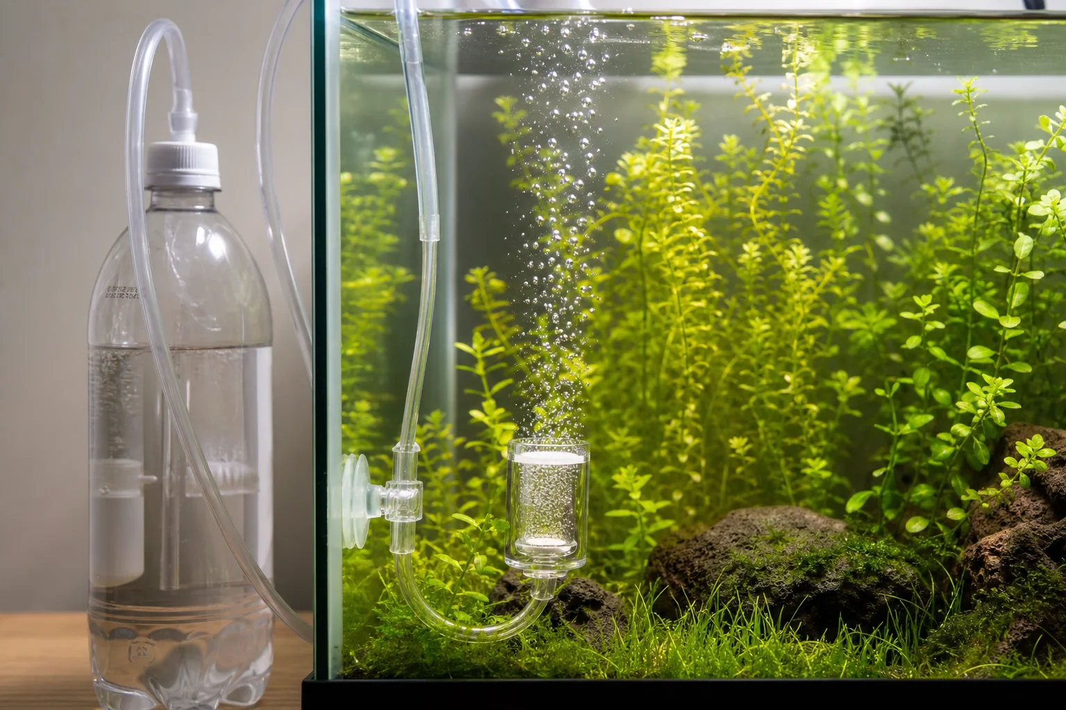 Sistema CO2 fatto in casa con bottiglia di plastica e tubicini in un acquario piantumato