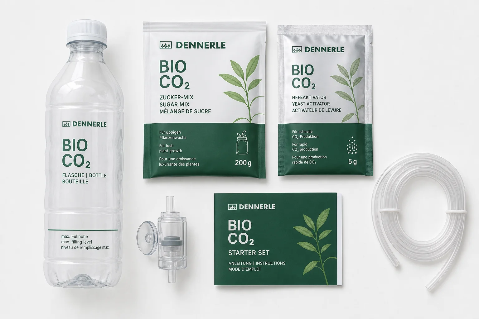 Componenti del kit Dennerle Bio CO2 disposti su una superficie bianca