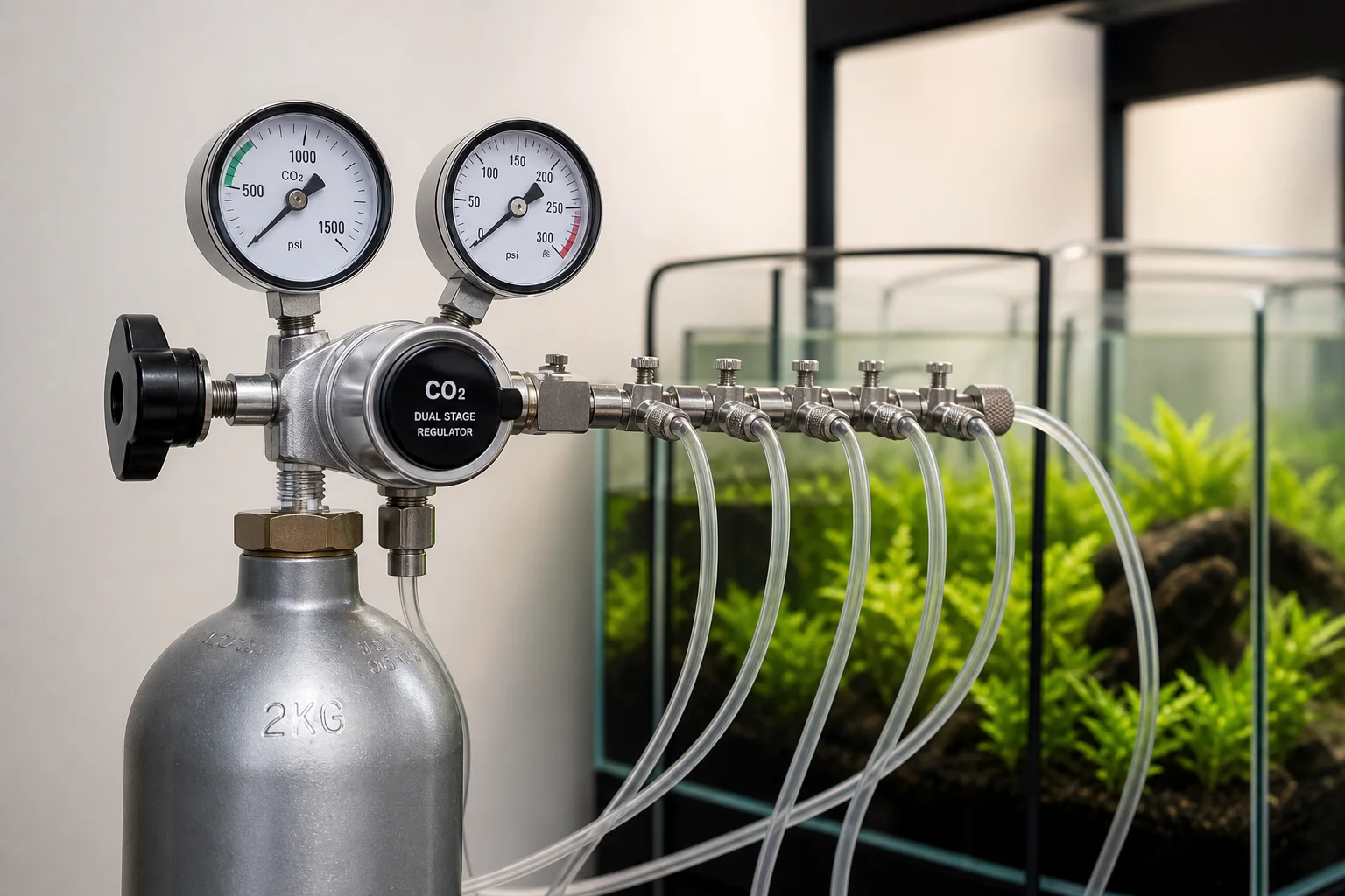 Bombola CO2 pressurizzata con regolatore a doppio manometro e connessioni a collettore