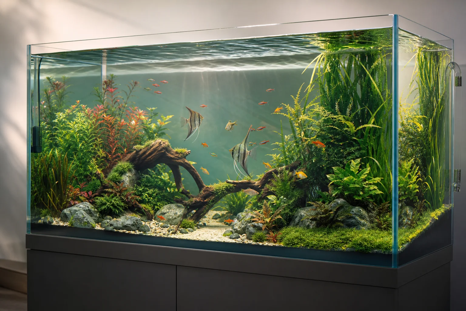 Aquarium with clear water, green plants, and healthy fish
