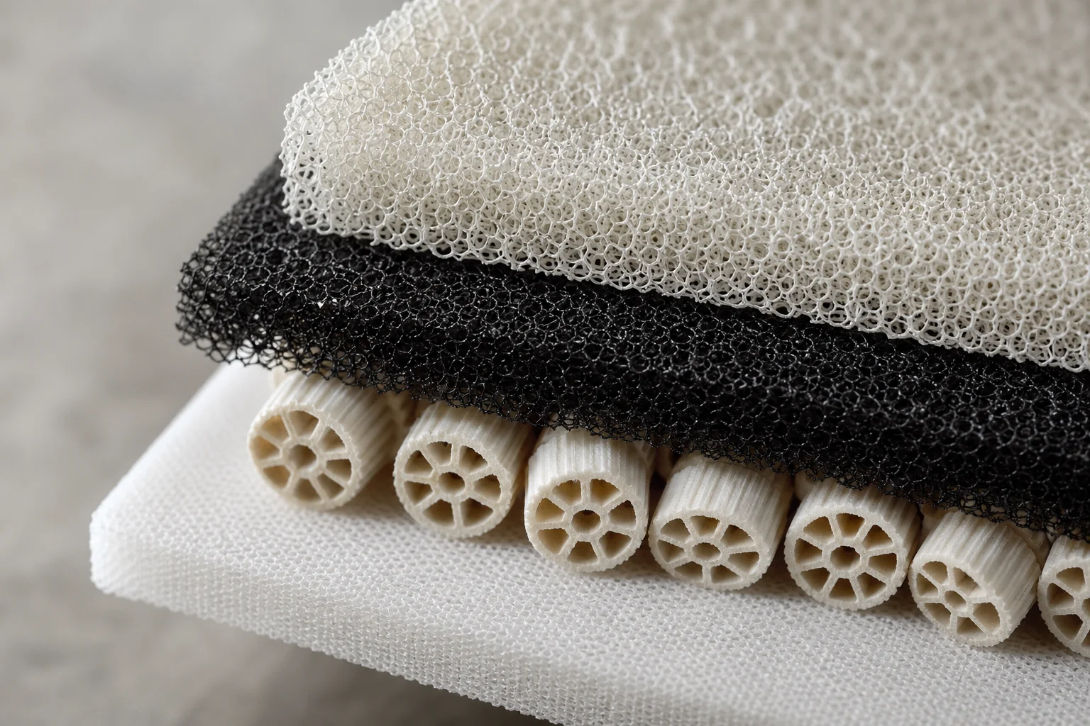 Close-up of multi-stage sponge filtration media with ceramic balls