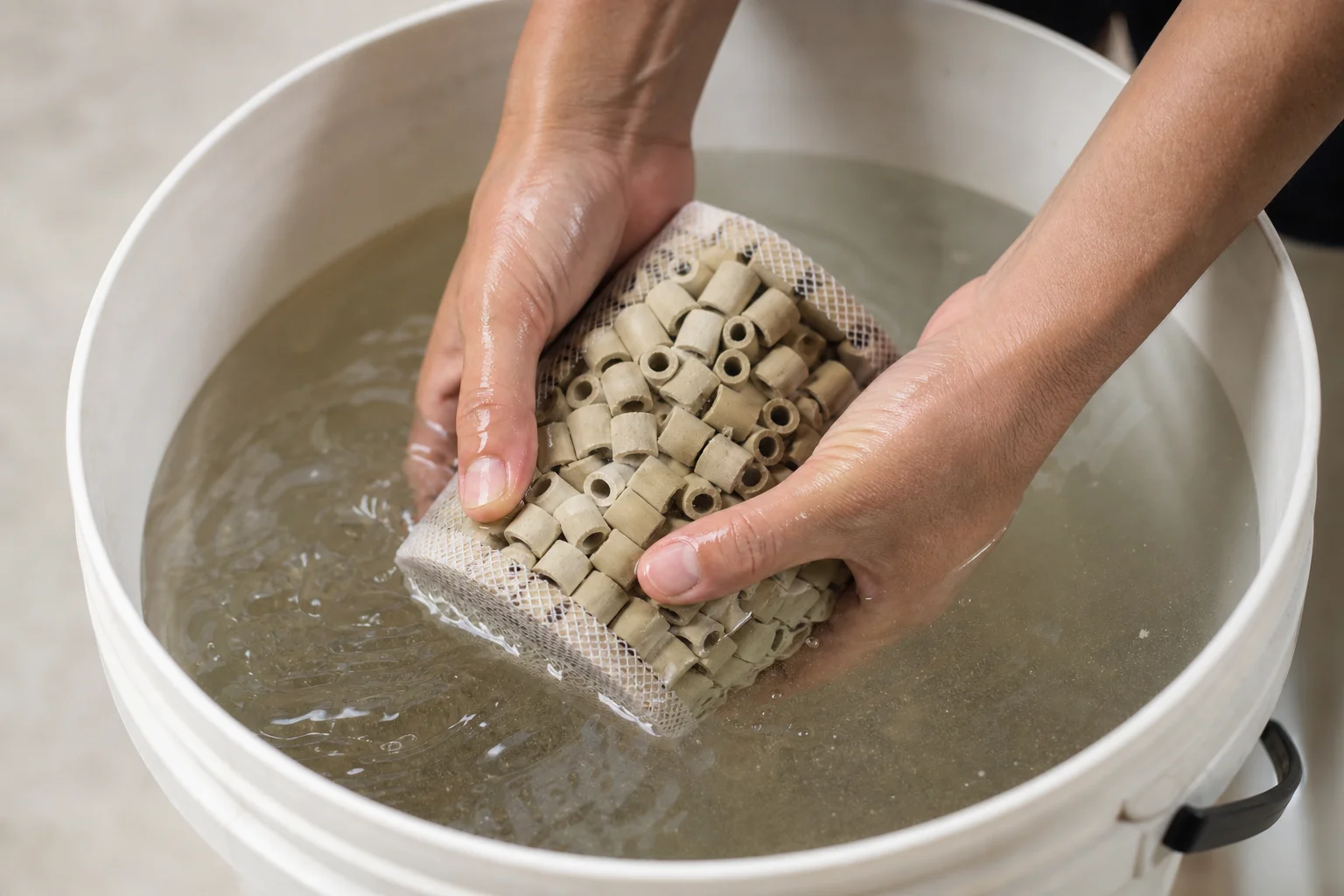 Hands rinsing filter media in water during aquarium maintenance