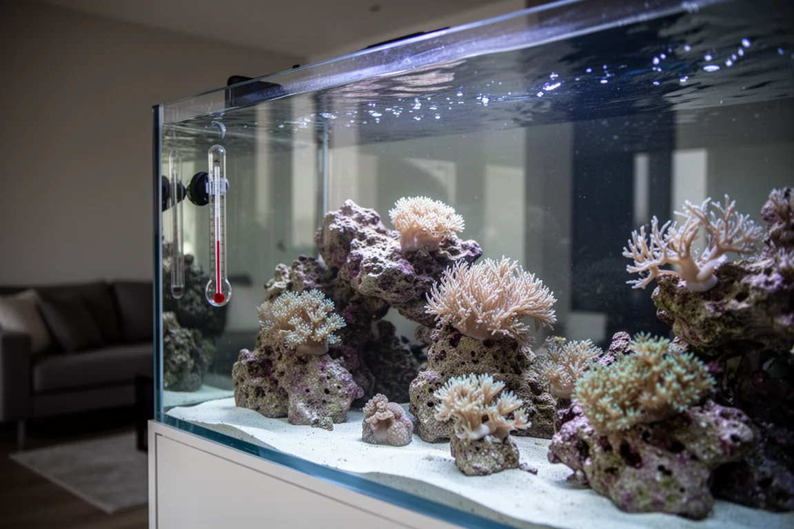 Acquario di barriera con roccia viva e morbida illuminazione blu in un soggiorno