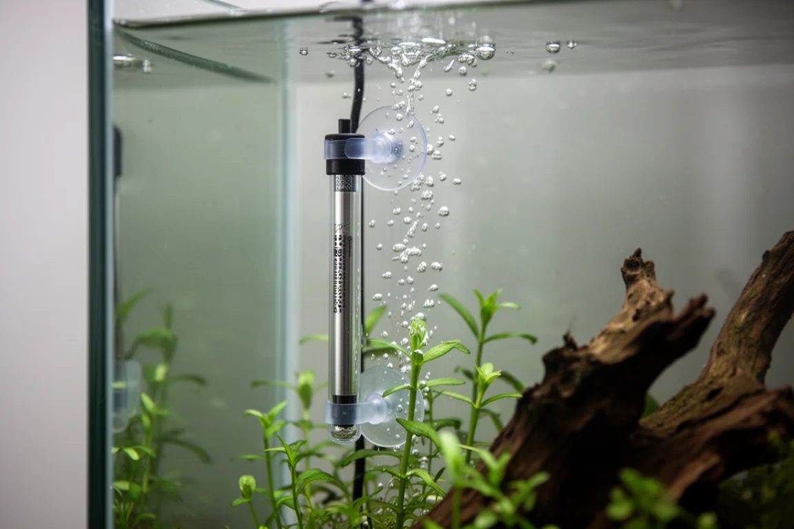 Riscaldatore fissato con ventosa alla parete interna di un acquario con piante