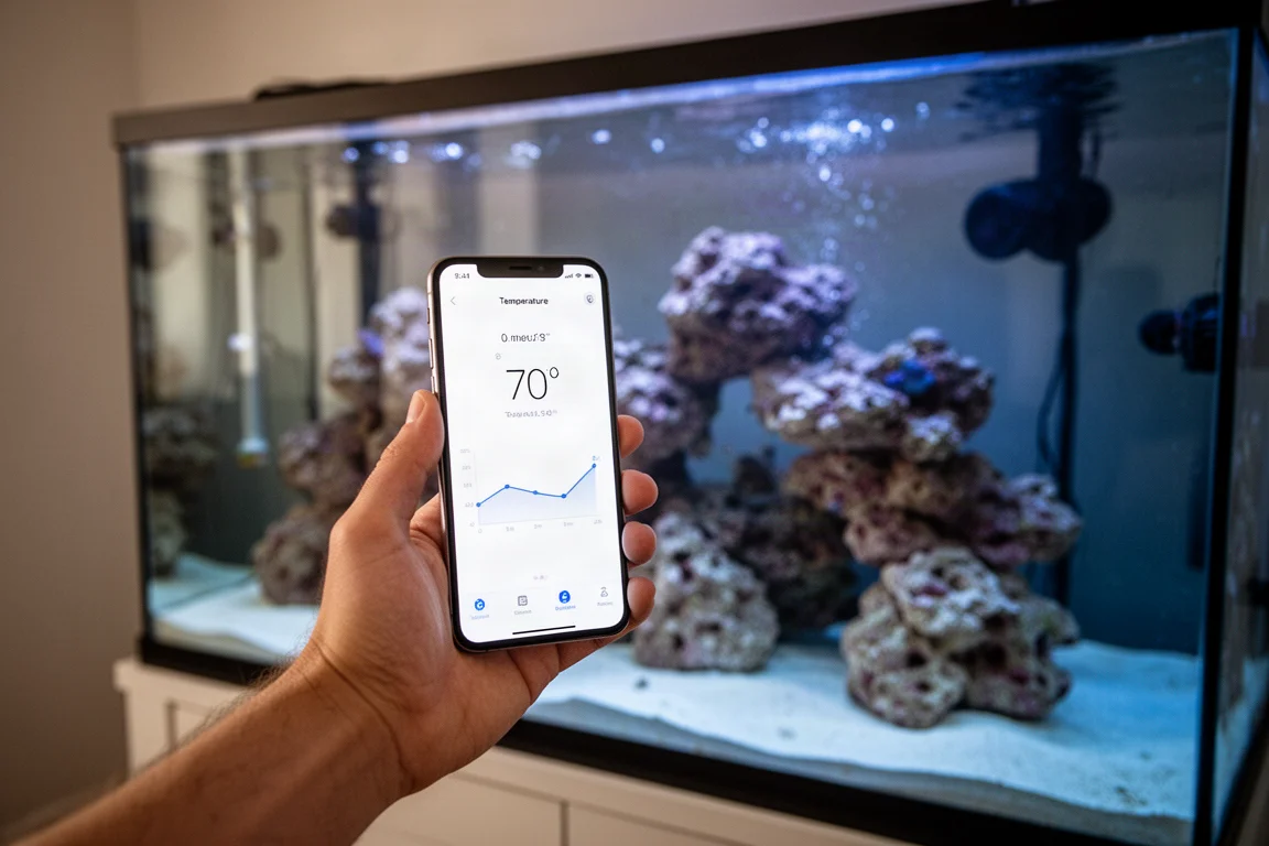 Acquariofilo che controlla la temperatura della vasca tramite un'app sullo smartphone