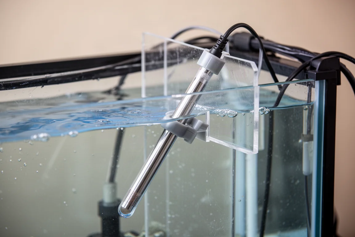 Titanium aquarium heater mounted inside a reef sump under soft blue lighting
