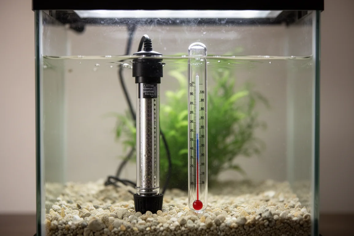 Glass aquarium heater and a small thermometer side by side inside a tank