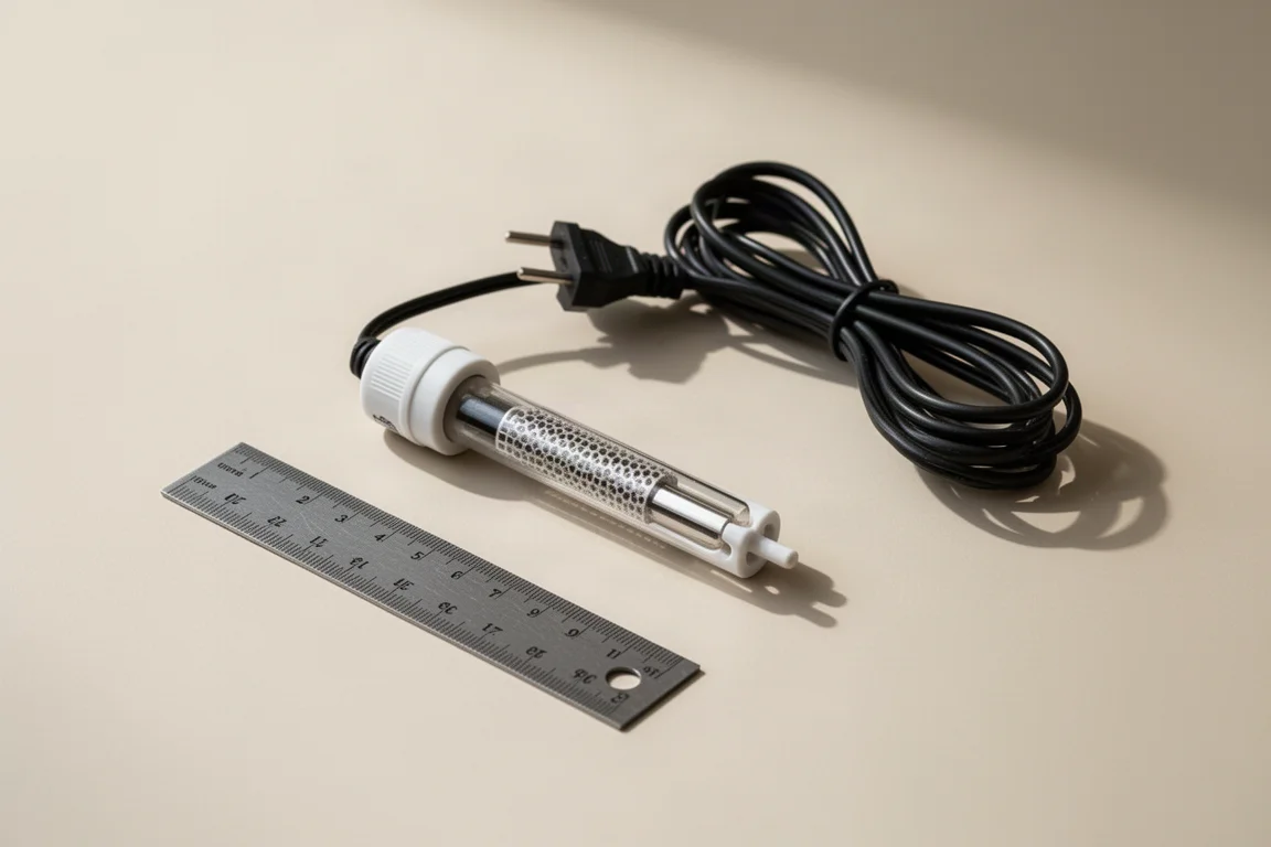 Compact flat aquarium heater resting on a pale surface next to a measuring tape