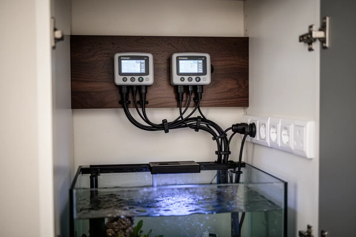 Aquarium equipment cabinet with two controllers mounted and tidy cable routing