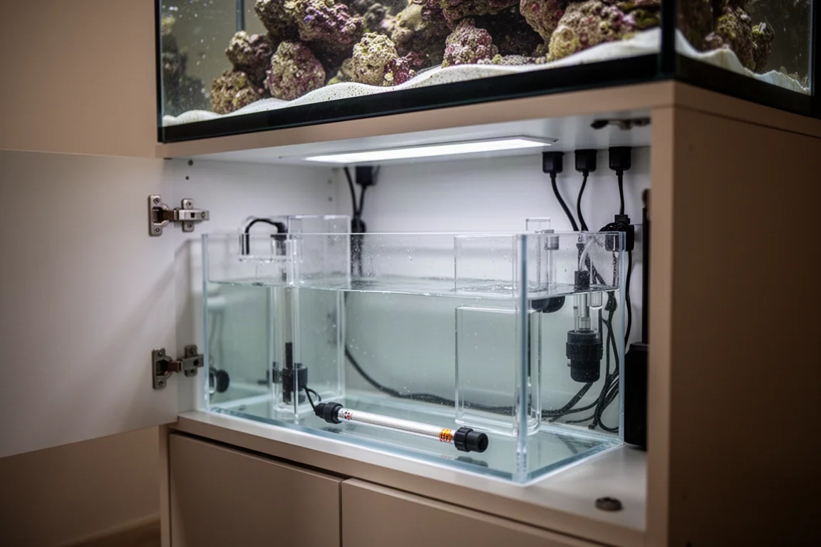 Offener Unterschrank des Technikbeckens mit einer schlanken Heizung tief im Wasser liegend