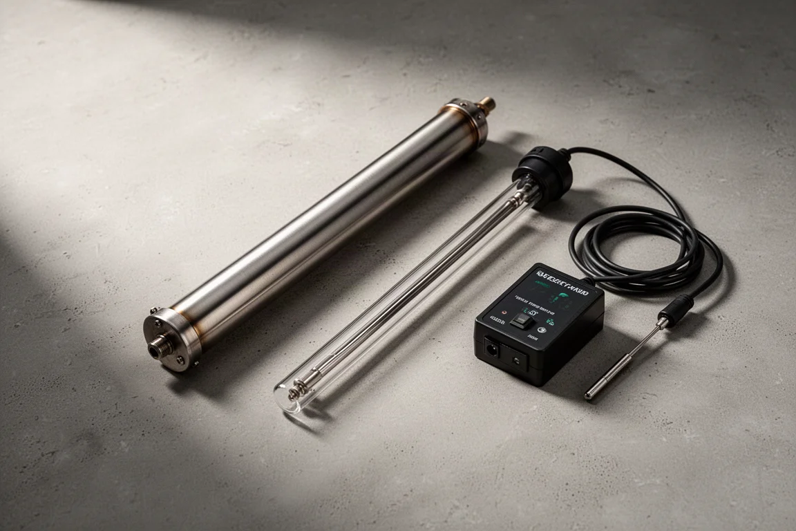 灰色のコンクリートの上に置かれたチタン製とガラス製の水槽用ヒーター、および温度コントローラー本体