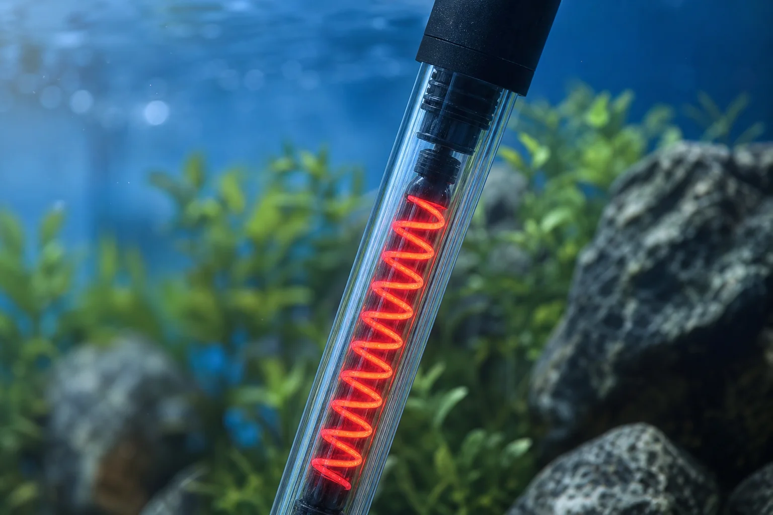 Rot glühende Heizspiralen eines Glasheizers in einem bepflanzten Aquarium