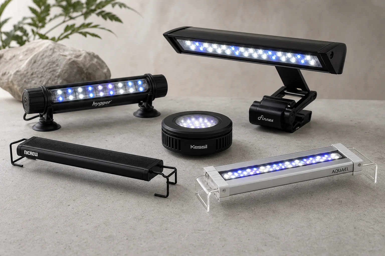 Five aquarium LED light fixtures displayed on concrete surface showing various designs and finishes