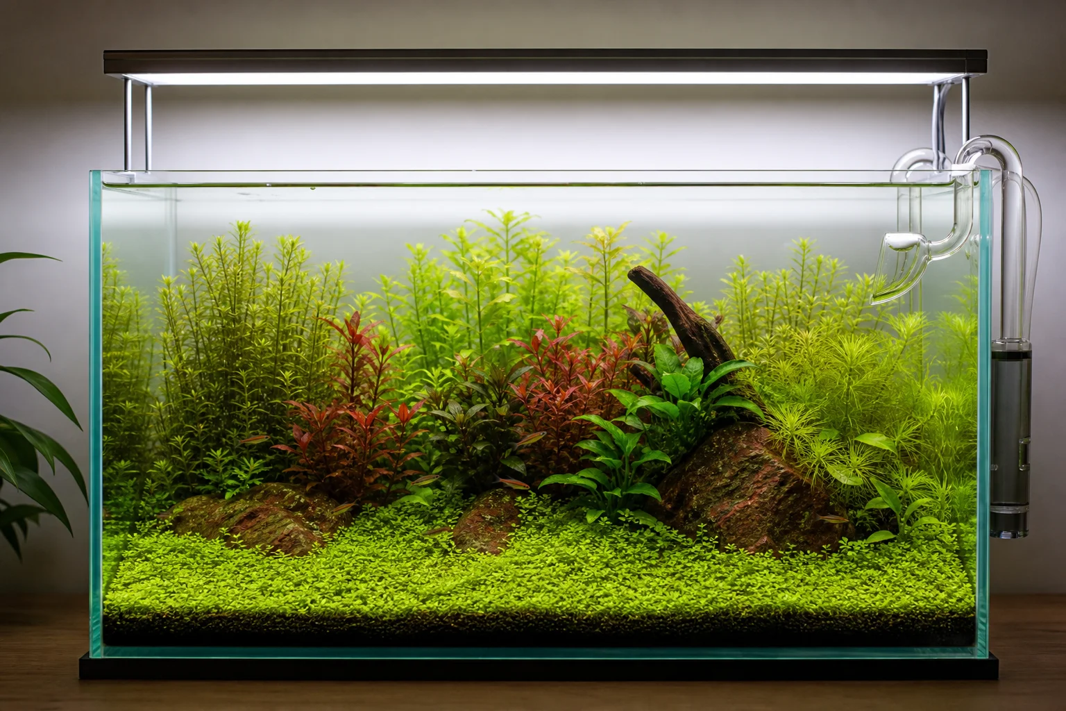 明るいLED照明の下で、青々とした有茎草と前景草が茂る水草水槽