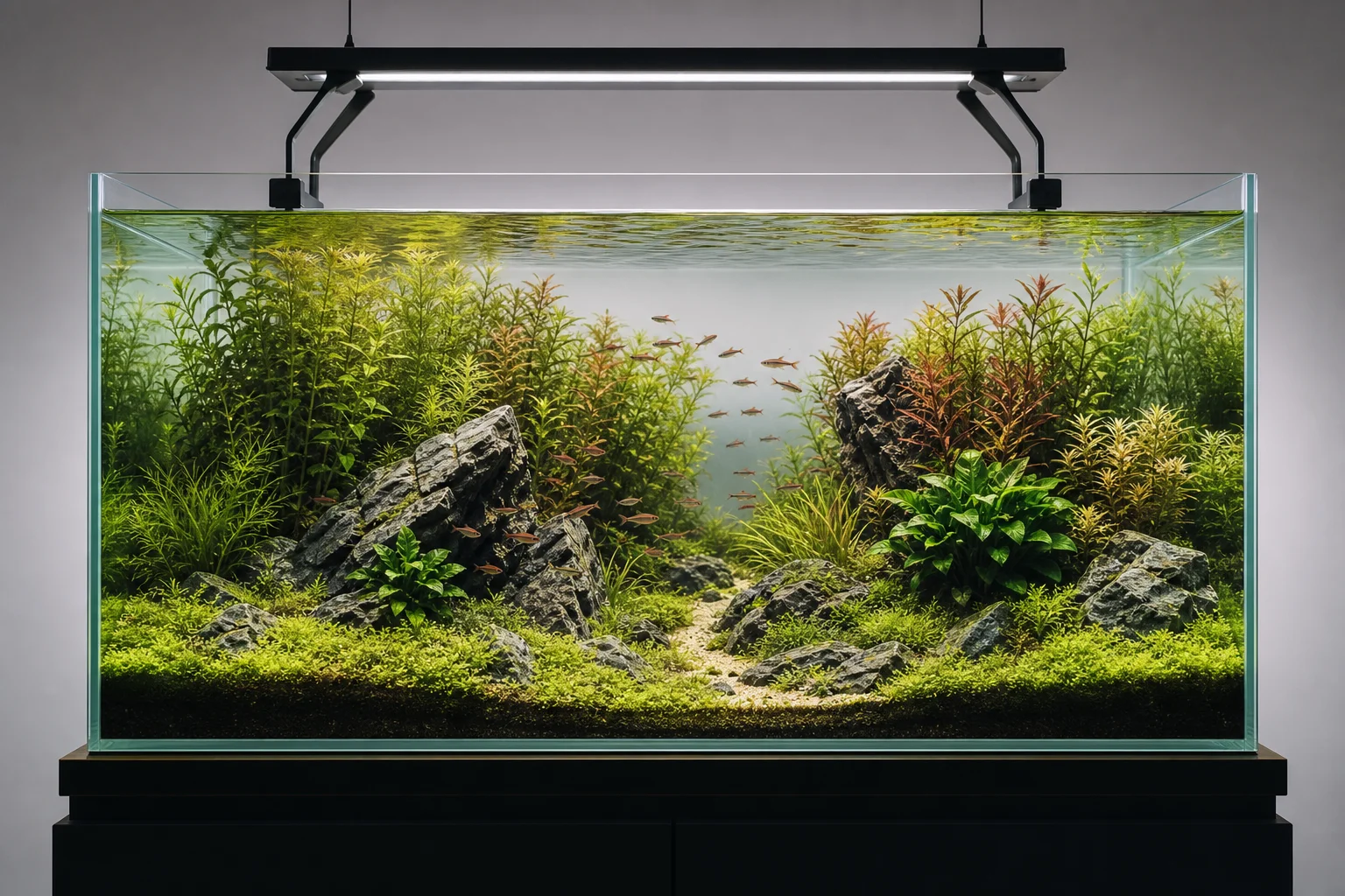 多様な水草と自然な流木レイアウトが施された完成度の高い水草水槽