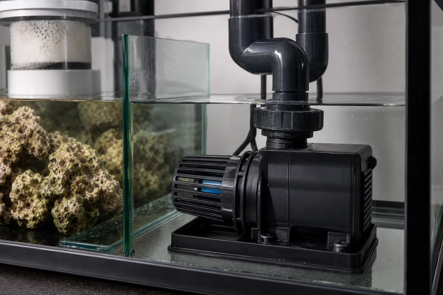 Close-up of aquarium sump with return pump installed